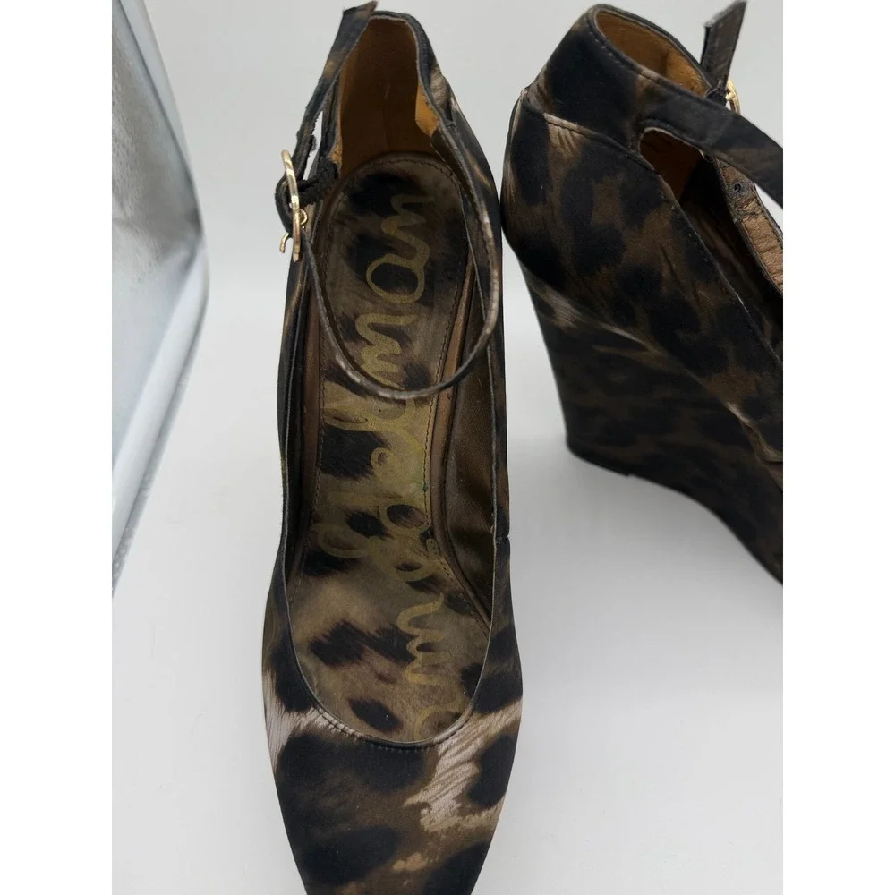 Sam Edelman Quinn Leopard Print Platform Wedge Ankle Strap Heels Brown 7.5M‎
